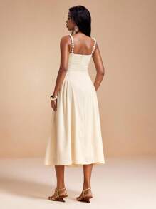 VALERIA GALIPOLI Seersucker Fabric Beaded Strpas Ruching Puss Madi Dress Women Summer Party Elegant Going Out Cream Dresses For Women Midi Dress Tea Length Dress Corset Dress Ankle Length Dress - Yellow - View 2