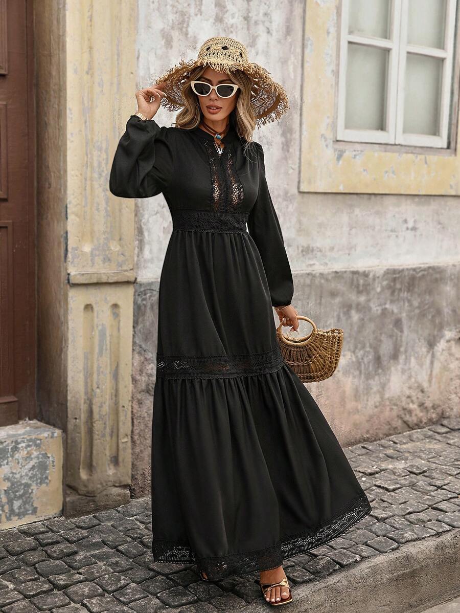 Brillora Ladies' Solid Color Simple Daily Long Sleeve Dress - Black - View 1