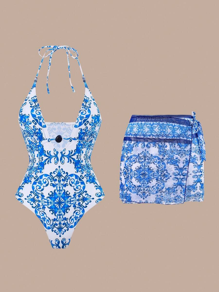 Swim Oasis Women's 2-Piece Set,Blue And White Digital Print One Piece Swimsuit & Netted Skirt, Halter V-Neck Beaded Drawstring Open Back Boho Summer Holiday - Blue and White - View 1