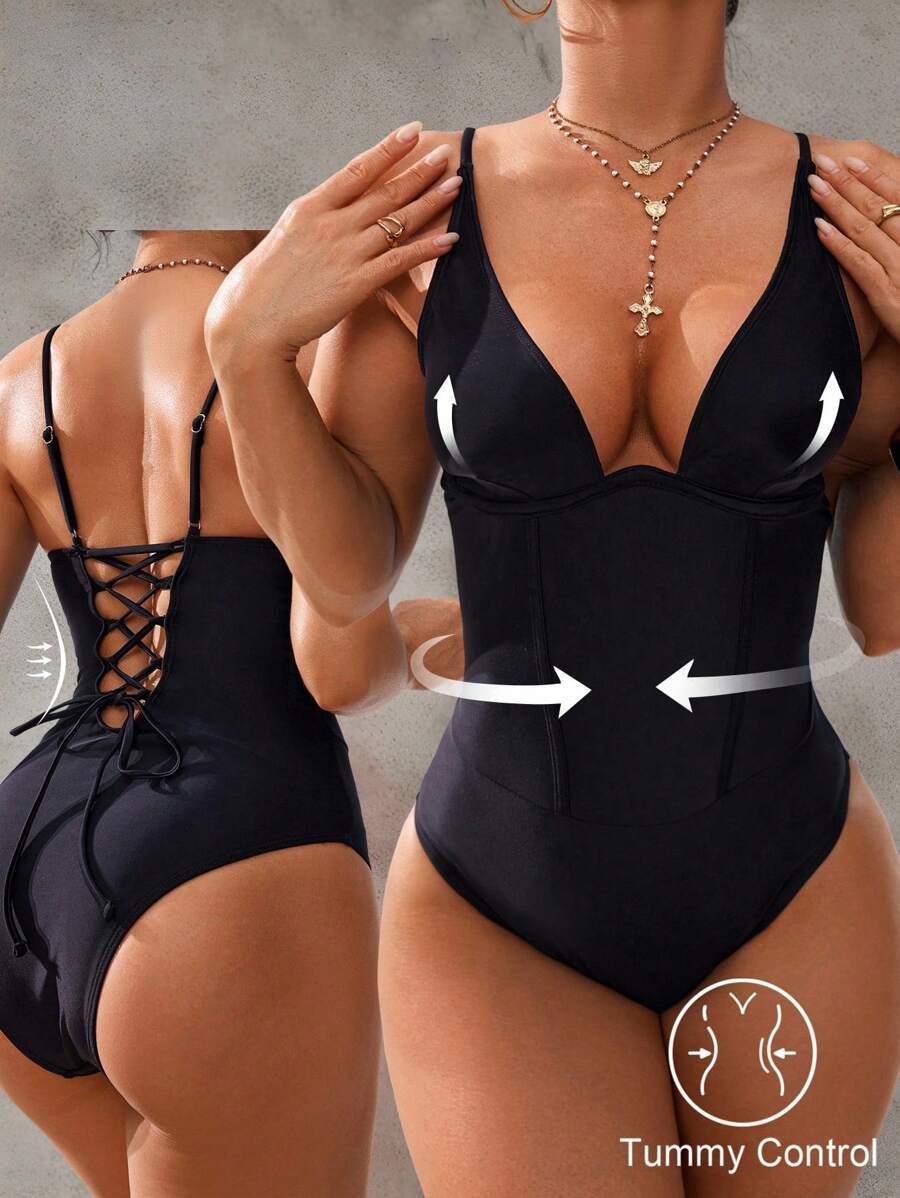 Shapewave 1 pieza Traje de baño de una pieza elegante y negro con control de abdomen y efecto push-up para mujer, casual y adecuado para playa, fiesta, vacaciones en primavera/verano