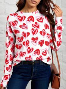 SHEIN LUNE Große Größen Herz Muster Langarm T-Shirt, geeignet für Herbst und Winter