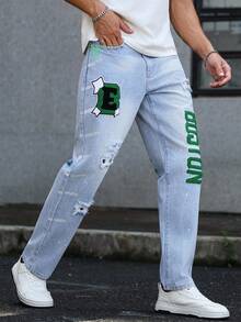 Manfinity LEGND Men's Street Casual Distressed Patchwork Embroidered Patch Rivet Decor Ripped Jeans Streetwear Jeans Men Graphic Jeans Patched For Tapered - Light Wash - View 3