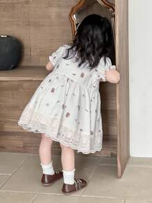 Dazy Kids Robe d'été style coréen à manches bouffantes et imprimé ours de dessin animé pour tout-petites filles