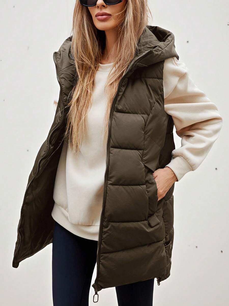 Aveloria Affinna 女式黑色连帽背心，中长款设计，时尚无袖加厚保暖聚酯纤维合成保暖冬季外套，冬季夹克，2024 年秋冬服装新品 - 棕色 - 查看 1