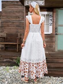 LanaWest New Design Women's V-Neck Embroidered Fabric Ruffle Hem Patchwork Bohemian Elegant Dress - Multicolor - View 2