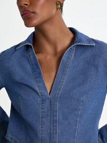 Daynim Women Casual Commuter V-Neck Cropped Denim Top Autumn - Medium Wash - View 3