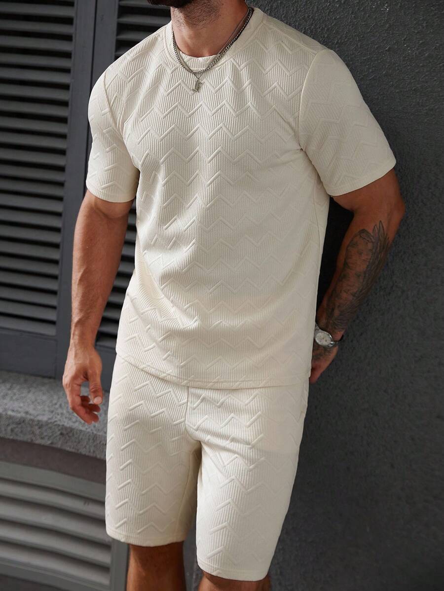 Manfinity Homme Plus Size Men's Solid Color Round Neck Short Sleeve T-Shirt And Shorts Casual Suit - Apricot - View 1