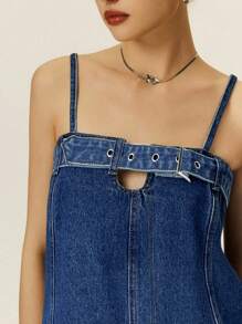 Poéselle 女士休闲宽松夏季时尚日常吊带牛仔连衣裙 - 中等水洗藍 - 查看 7