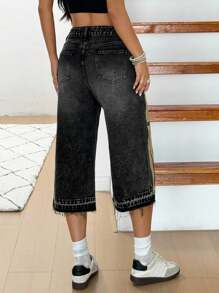 INAWLY INAWLY Women's Casual Washed Embroidered Capri Denim Jeans - Dark Grey - View 2