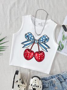 GraphicGems 女孩樱桃、蝴蝶结、条纹、五角星印花白色背心，适合独立日 - 白色 - 查看 2