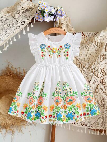 SHEIN Vintaside Kids 女婴优雅花卉印花荷叶边袖连衣裙，春夏季时尚