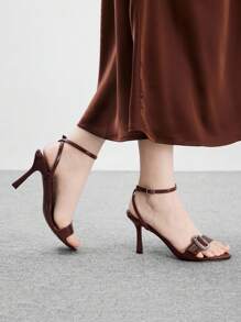 CUCCOO BIZCHIC Brown Oil Leather PU Metal Buckle Strap Punk Round Toe Fashion High Heel Sandals - Brown - View 4