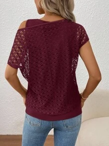 SHEIN LUNE Women's Lace Patchwork Mock-Layer Oblique Shoulder Blouse - Burgundy - View 2