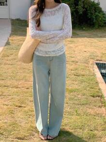 DAZY 女士圆领长袖简约透视上衣，休闲日常穿着 - 米色 - 查看 8