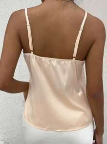 Chiquease Women's Solid Color Contrast Lace Front-Tie Casual Tank Top - Apricot - View 2