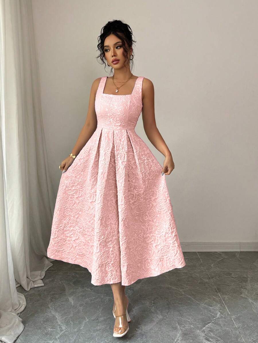 Rafferiza Women's Elegant Minimalist Blue Jacquard Square Neck Spaghetti Strap Dress, Summer - Pink - View 1