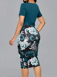 SHEIN LUNE 女士优雅撞色印花中长连衣裙，适合办公室/通勤穿着 - 水鴨藍 - 查看 2