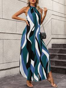 EMERY ROSE Women's Halter Neck Loose Allover Print Wide Leg Jumpsuit - Blue - View 5