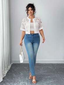 Elenzga Plus Size Crop Lace Patchwork Jacket - White - View 5