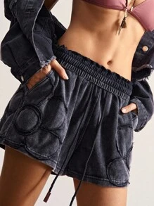 Bohemela 波西米亚复古乡村度假宽松松紧腰绣花口袋水洗棉女短裤女式短裤两件套短裤女式运动短裤休闲短裤 - 黑色 - 查看 3