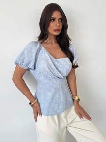 Firerie Women's Elegant Vacation Beach Graduation Daily Casual Blue Jacquard Textured Fabric Asymmetric Collar Design Puff Sleeve Cinched Waist Blouse, Suitable For Office, Airport, Travel, Going Out - Blue - View 6