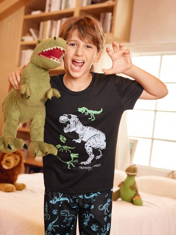 SHEIN Set de 2 piezas de pijama para niños preadolescentes con parte superior de cuello redondo de manga corta y pantalones de ajuste suelto