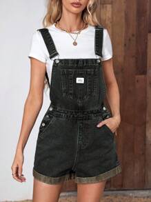 EMERY ROSE Women's Letter Printed Pocket Casual Loose Denim Bib Overall Shorts - Dark Wash - View 4