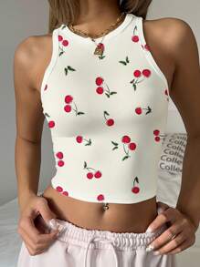 SHEIN EZwear Top aderente a girocollo con stampa di ciliegie, stile casual minimalista, adatto per l estate, per donne