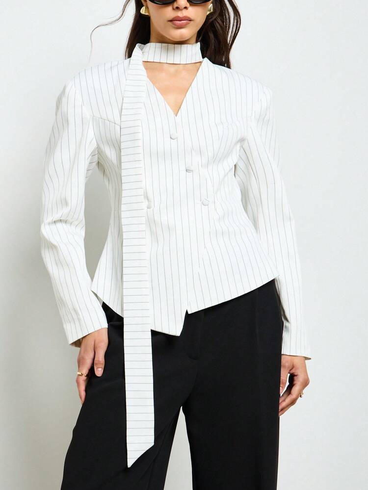 Detachable Choker Pinstripe Long Sleeve Blazer