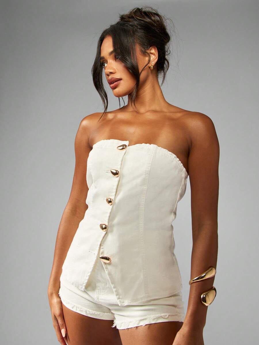 MISSGUIDED Bandeau Strapless Denim Button Front Top Summer Festival Retro Style Gold Button Details Frayed Edge Raw Cut - White - View 1