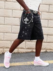 ROMWE MEN Street Life Men's Cross Rhinestone Embellished Denim Shorts, Suitable For Spring/Summer Everyday Wear - Black - View 1