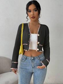 Chiquease Áo len cardigan cắt cúp viền màu cho nữ - màu đen - Xem 5