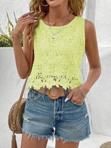 SHEIN PETITE Áo hai dây cổ tròn ren tan trong nước màu trơn thanh lịch dành cho nữ, mùa hè - Màu vàng - Xem 5
