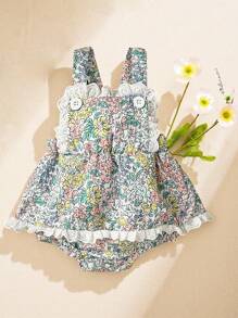 Souflis Souflis 波西米亞風格嬰兒女孩花卉印花上衣和蕾絲邊拼接夏日連身裙,可愛,休閒時尚,適用於春夏季