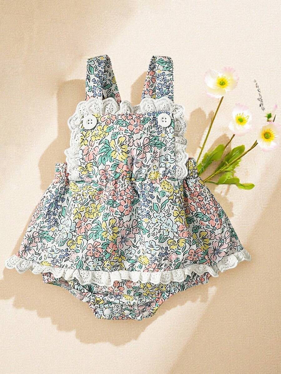 Souflis Souflis 波西米亞風格嬰兒女孩花卉印花上衣和蕾絲邊拼接夏日連身裙,可愛,休閒時尚,適用於春夏季