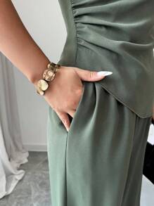 Elenzga 2 件套女士露肩上衣，金属装饰，宽松直筒裤，优雅度假装，百搭