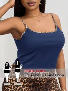 SHEIN PETITE CURVE Plus Size Summer Casual Leopard Print Trim Cami Top Country Concert Y2k Top,For People Of Shorter Stature - Navy Blue - View 1