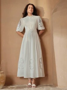 Anewsta 半开腰显瘦优雅镂空拼接半袖连衣裙女 - 白色 - 查看 7
