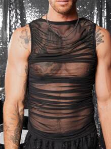 FeverCity 男士性感网纱上衣，褶皱设计，紧身款 - 黑色 - 查看 5