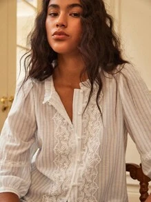 Écloséra Blusa de mujer con mangas medianas de encaje y crochet a rayas, cuello redondo suelto, elegante y casual, para el verano - Azul - Ver 5