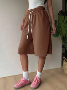 SHEIN EZwear Brown Casual Drawstring Waist Plus Size Women Shorts,Back To School - Brown - View 6