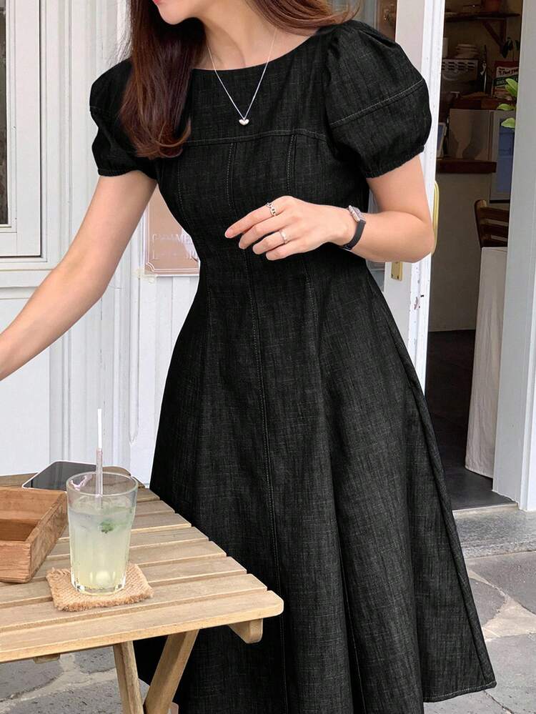 Women's Solid Color Round Neck Waist Cinched Puff Sleeve A-Line Short Denim Dress Summer Women Dresses Sundress