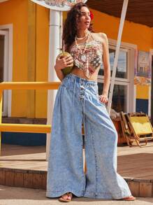 Bohemela Boho Deinm 女士休闲纯色梭织牛仔裤宽松女式度假装阔腿牛仔裤女式度假装 - 藍色 - 查看 1