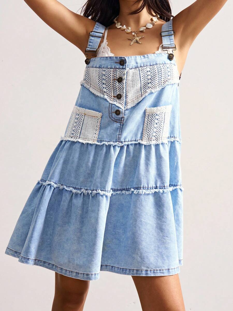 Bohemela 休闲纯色梭织牛仔连身连衣裙 - 藍色 - 查看 1