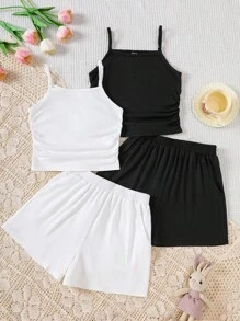 SHEIN Dozemod 4pcs Tween Girls Simple Solid Ruched Spaghetti Strap Tank Top & Shorts Knit Pajama Set, Summer Casual - Black and White - View 1