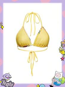 Adventure Time X ROMWE Spring/Summer Vacation Baech Summer Sexy Cartoon Graphic Tie Backless Crop Halter Top - Pink - View 2