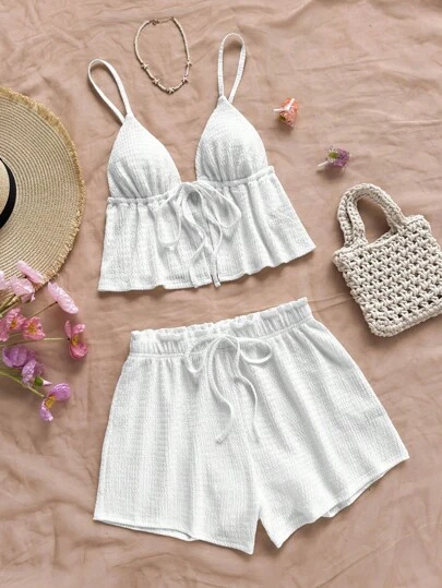 Soleia 新款女士度假绿色针织纹理可调节上衣 + 荷叶边下摆裤，适合下午茶、街头服饰、度假、四季分层、派对、音乐节、复活节、度假风格、休闲、波西米亚风、西部风、音乐节、乡村、早午餐、海滩、机场、宽松、露肩、太阳裙、毕业典礼、两件套、吊带裙、婚礼服装女士夏季套装两件套夏季套装白色两件套女士夏季套装