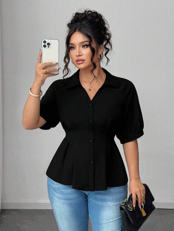 Elenzga Plus Size Women Short Sleeve Solid Color Casual Office Shirt