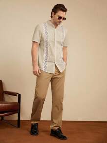 HIMLAND Men's Holiday Casual Printed Patchwork Stand Collar Short Sleeve Shirt