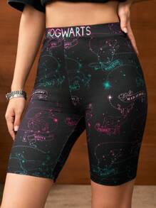 HARRY POTTER X SHEIN 女士全印花高腰紧身机车短裤 - 黑色 - 查看 1